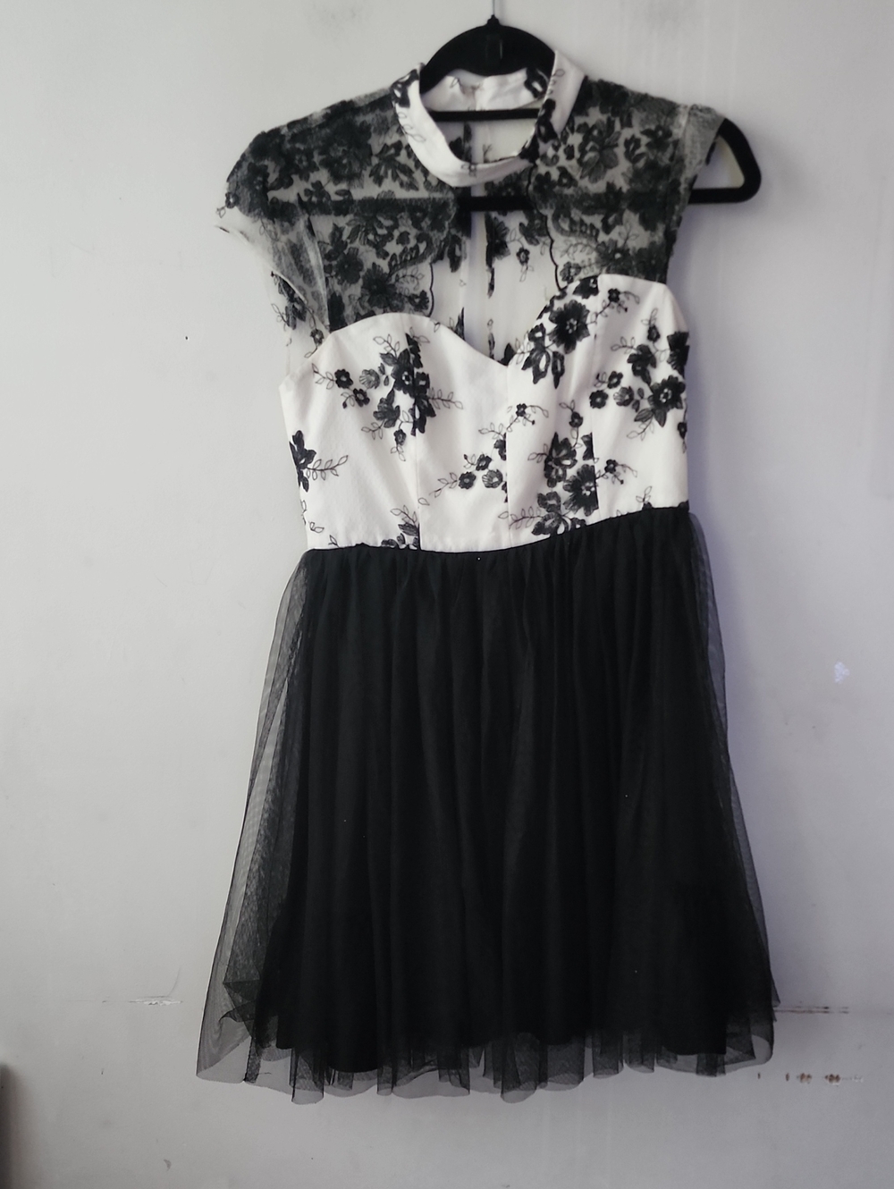 BCBGeneration Black and White Lace Bodice Tulle Mini Dress